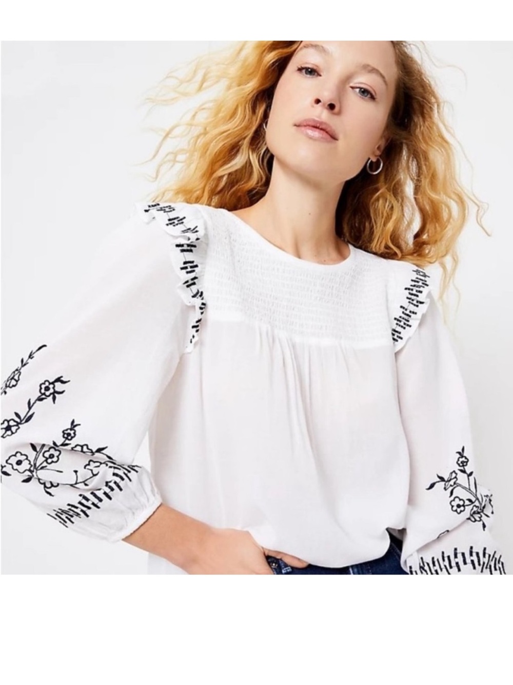 LOFT White Peasant Blouse with Black Floral Embroidery